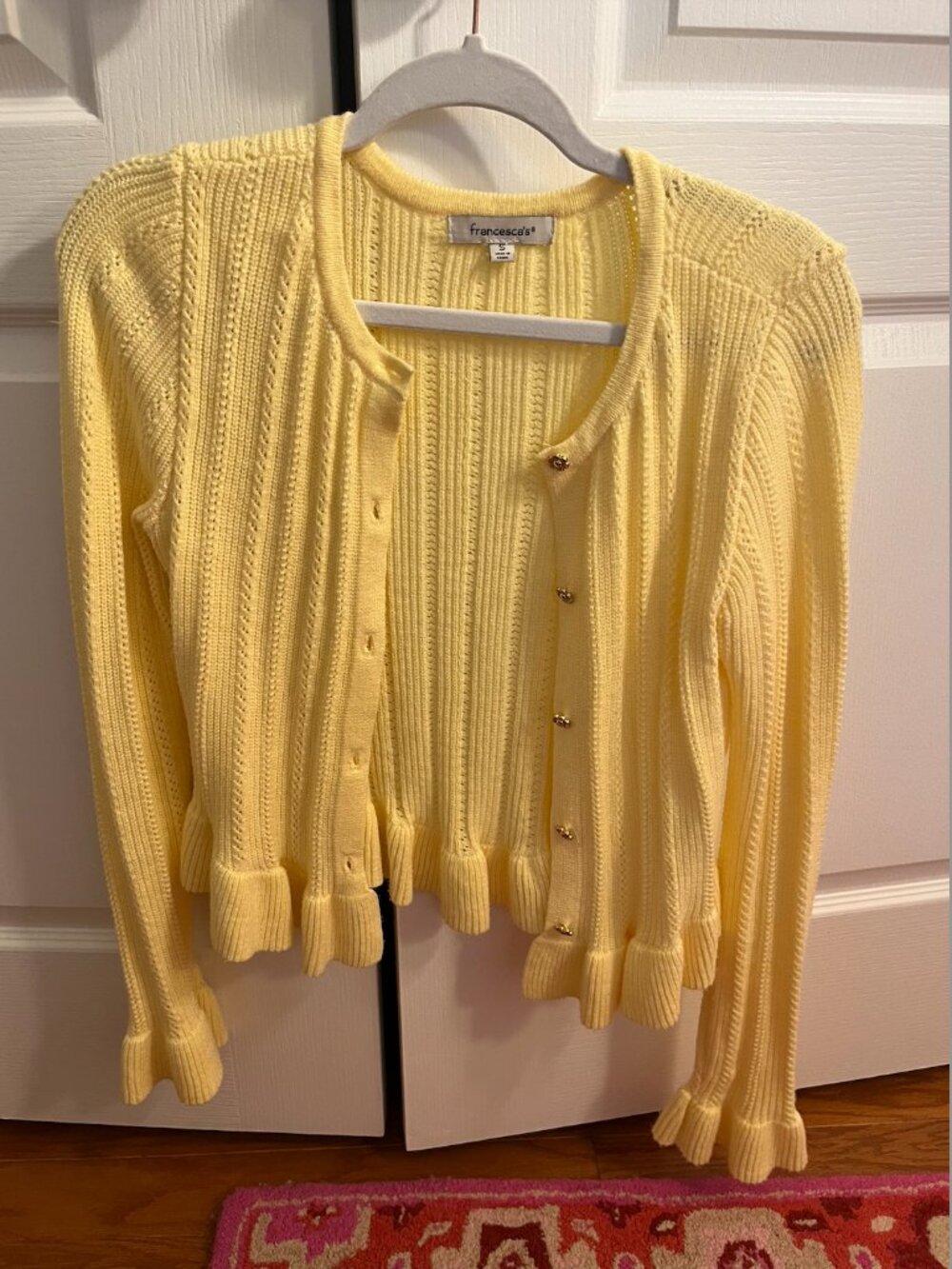 Francesca's Lemon Yellow Cardigan with Ruffled Sleeves and Gold Flower Buttons